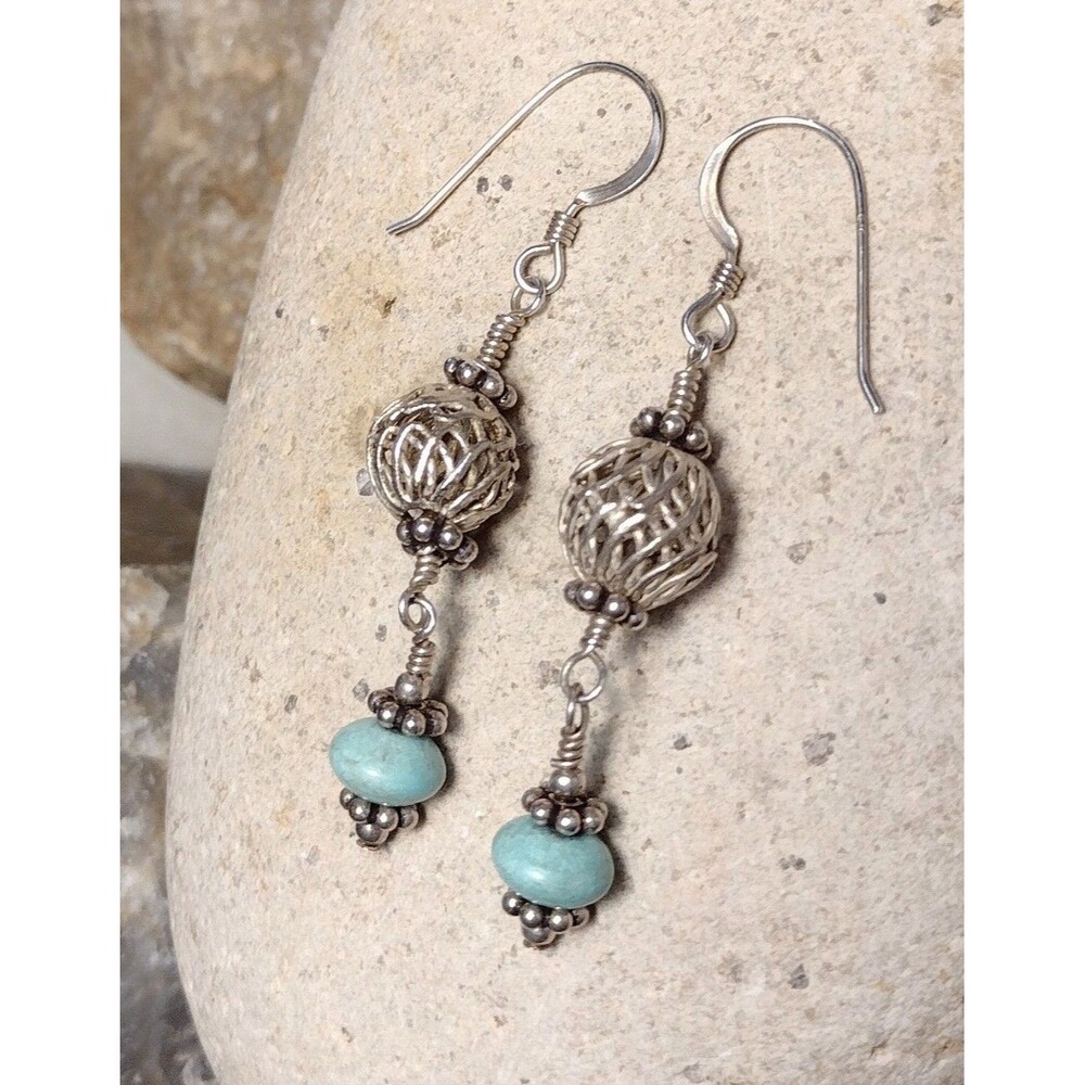 Sterling Silver .925 Filigree Ball Bead Blue Gemstone Dangle Earrings